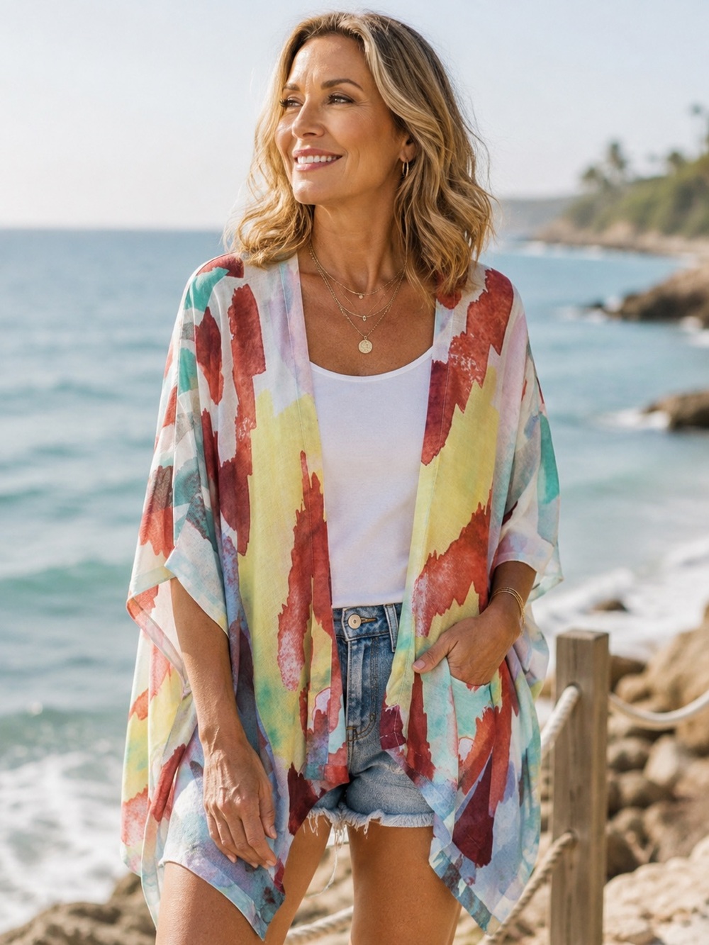 Chico's Multi-Color Watercolor Kimono Cover-Up